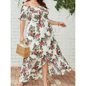 Floral print Off Shoulder Floral Print Shirred Lettuce Trim Dress